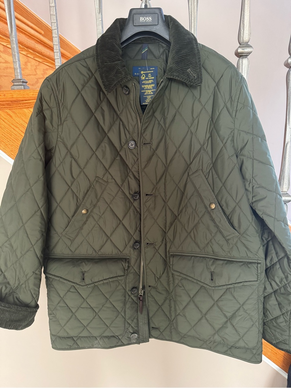 Ralph Lauren Quilted Dark Olive Green Corduroy-Collar Jacket